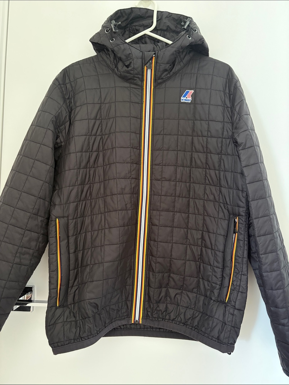K-Way Men Black Quilted Hooded Jacket with Yellow-Trim Zipper